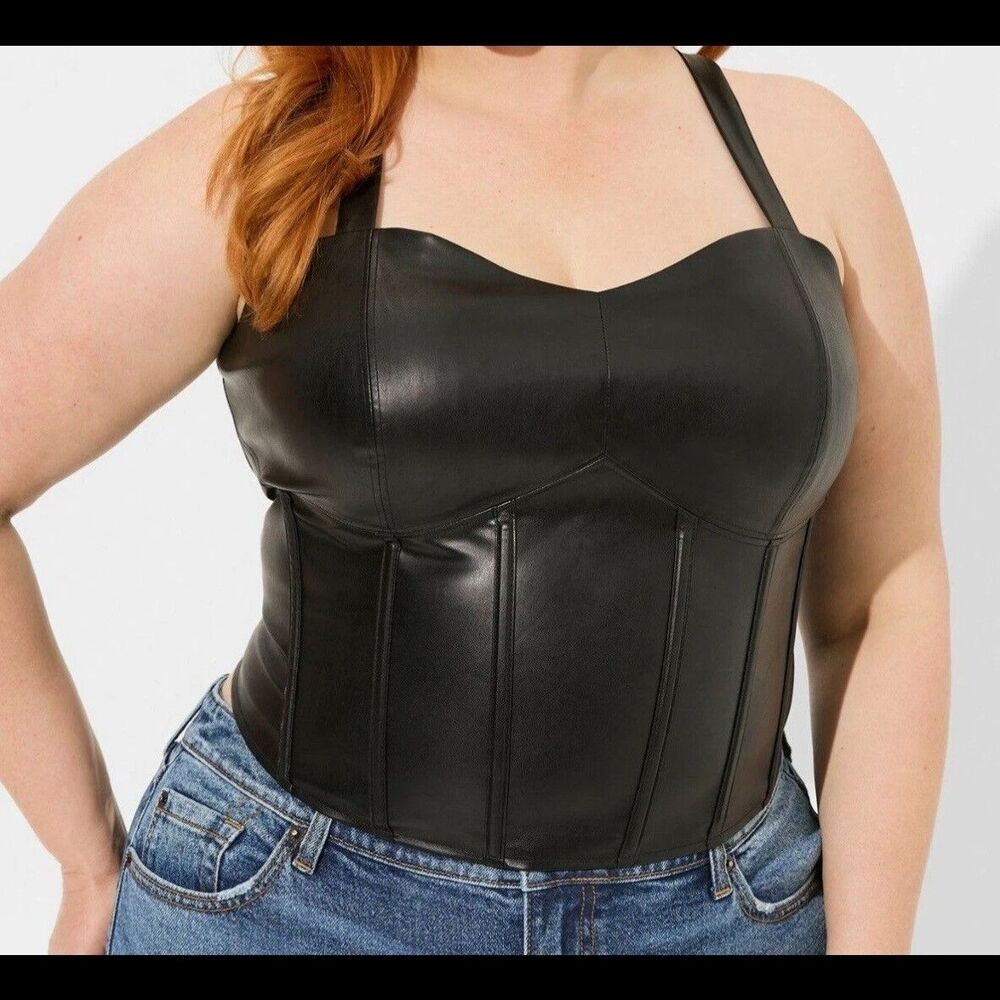 TORRID Sz 3 (22-24) Goth Punk Biker Cowgirl Black Faux Leather Corset Crop Top